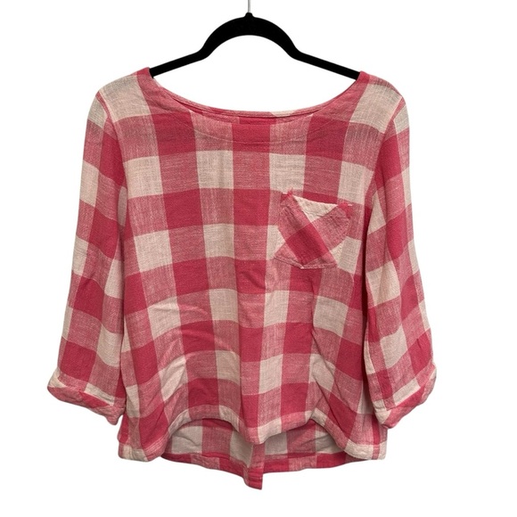 Orvis Tops - Orvis pink and white checkered plaid linen blend top buttons on back Medium